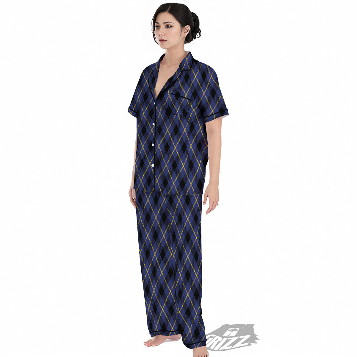 Blue Black And Yellow Plaid Print Women's Pajamas Set-grizzshop
