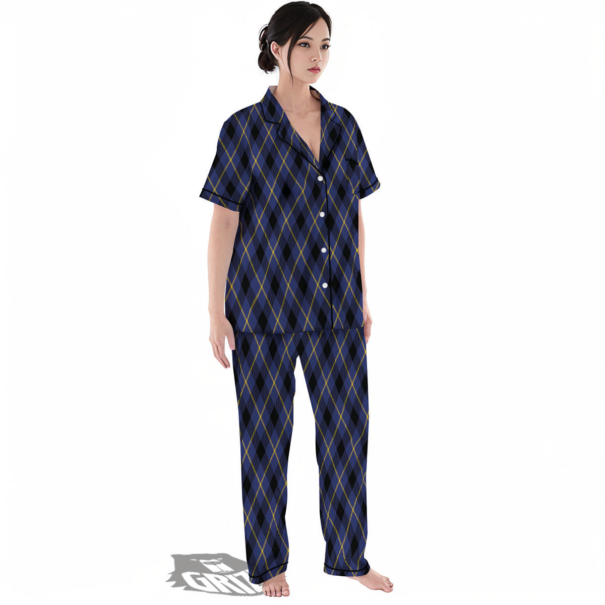 Blue Black And Yellow Plaid Print Women's Pajamas Set-grizzshop