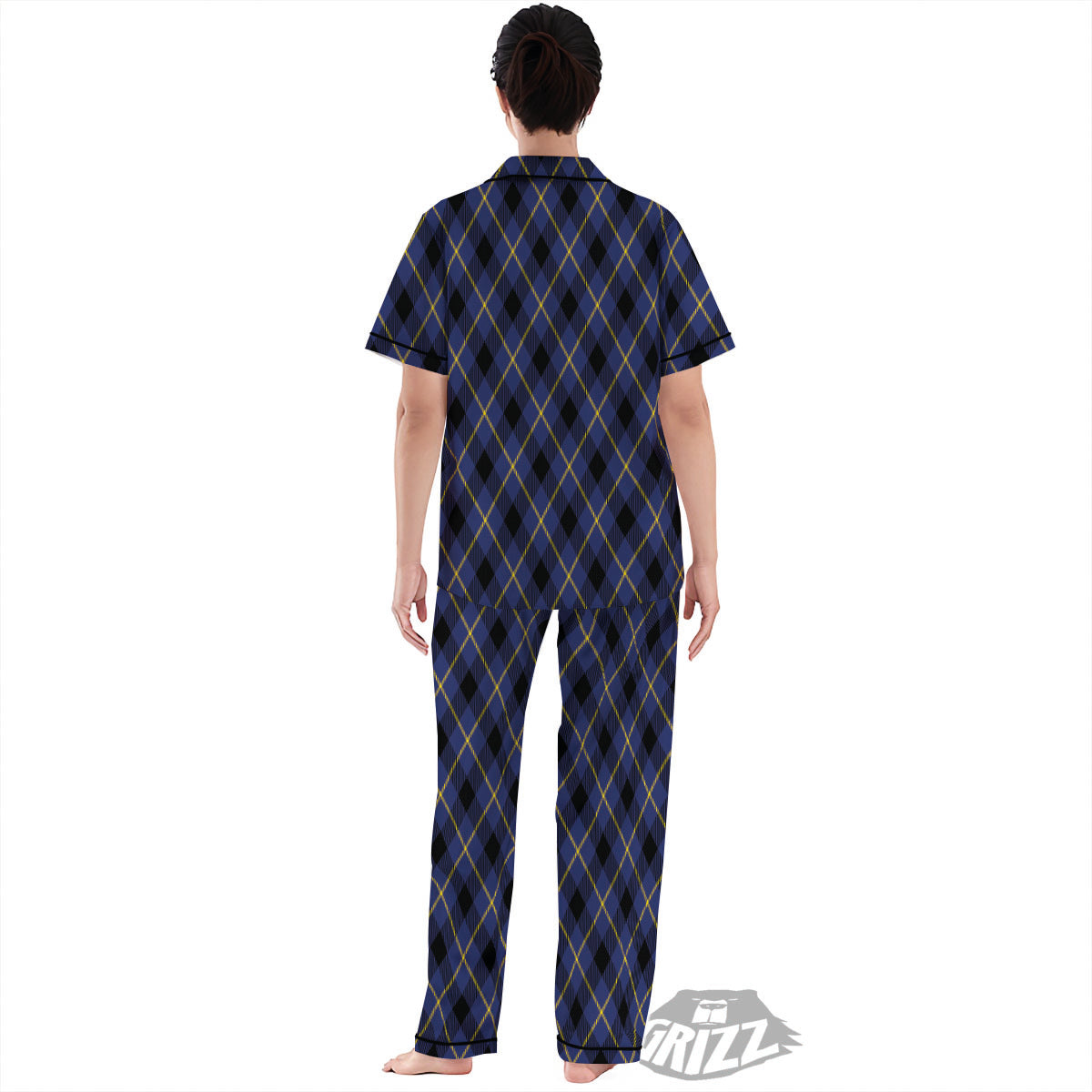 Blue Black And Yellow Plaid Print Women's Pajamas Set-grizzshop