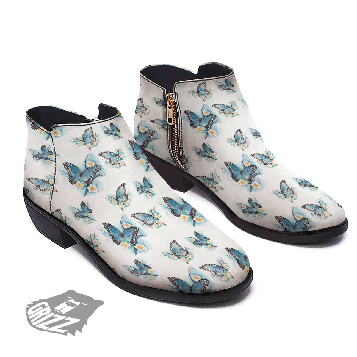 Blue Butterfly Blossom Print Pattern Ankle Boots-grizzshop