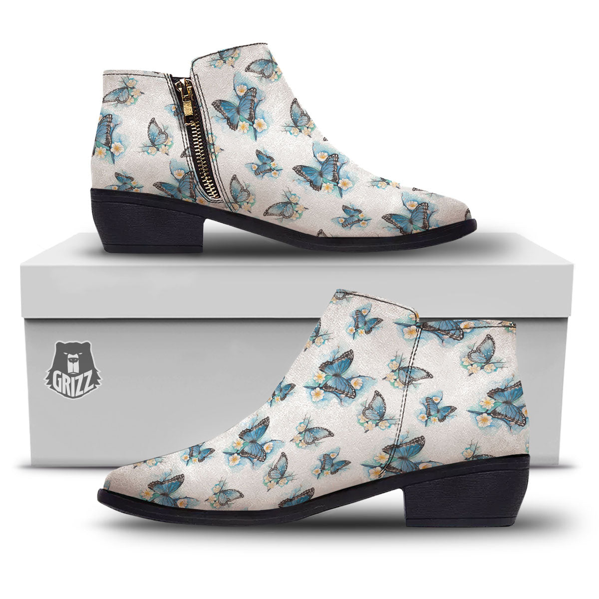 Blue Butterfly Blossom Print Pattern Ankle Boots-grizzshop