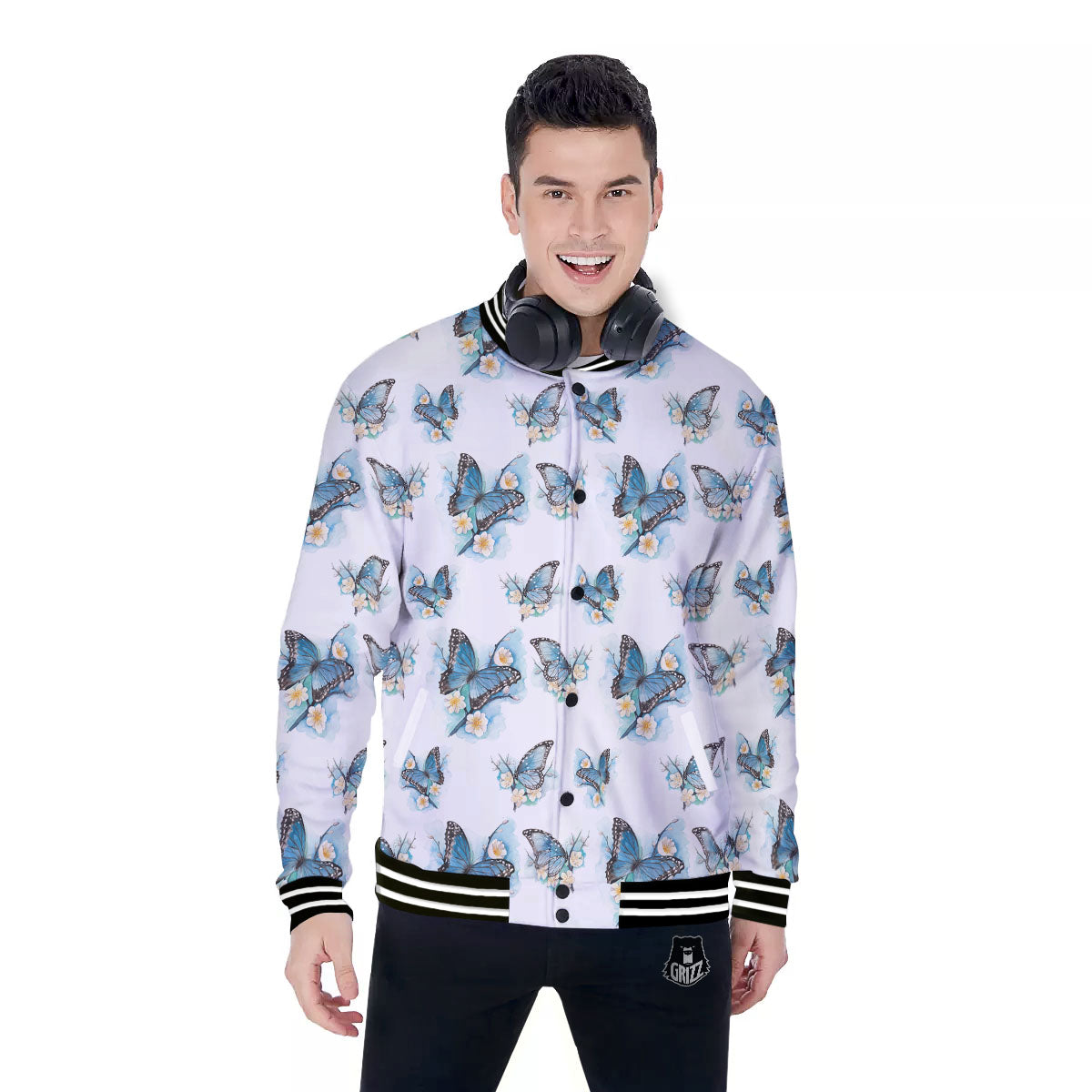Blue Butterfly Blossom Print Pattern Baseball Jacket-grizzshop
