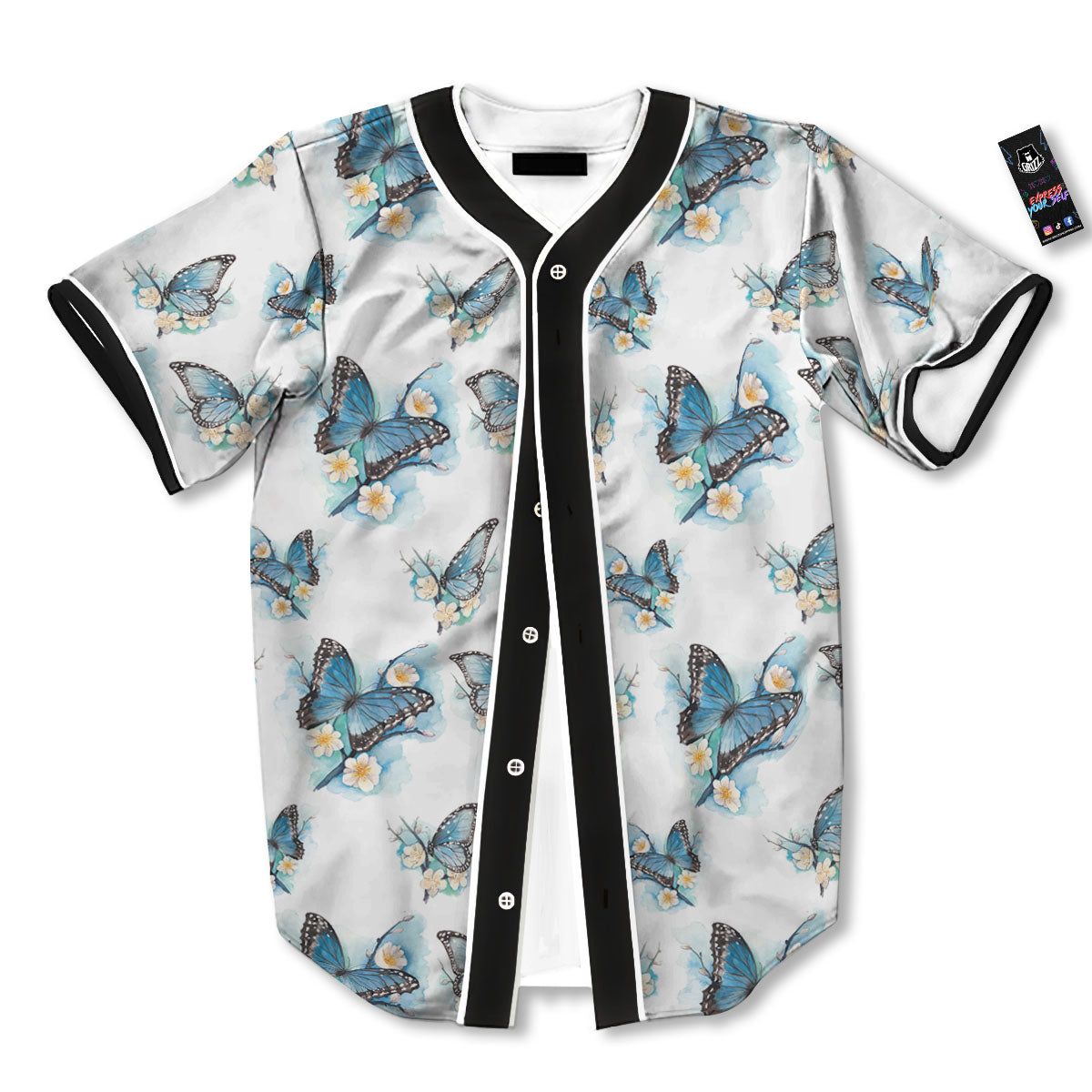 Blue Butterfly Blossom Print Pattern Baseball Jersey-grizzshop