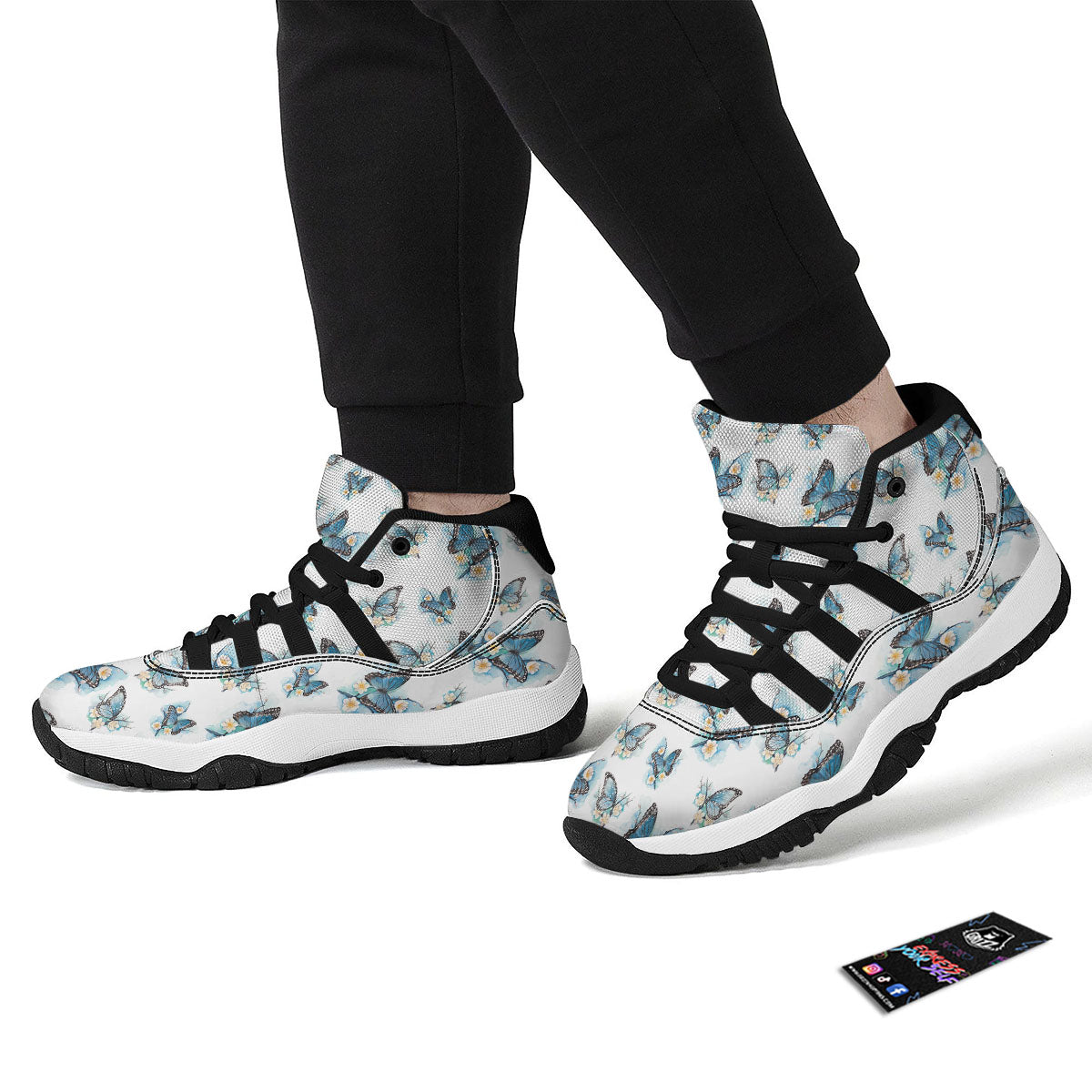 Blue Butterfly Blossom Print Pattern Black Bball Shoes-grizzshop