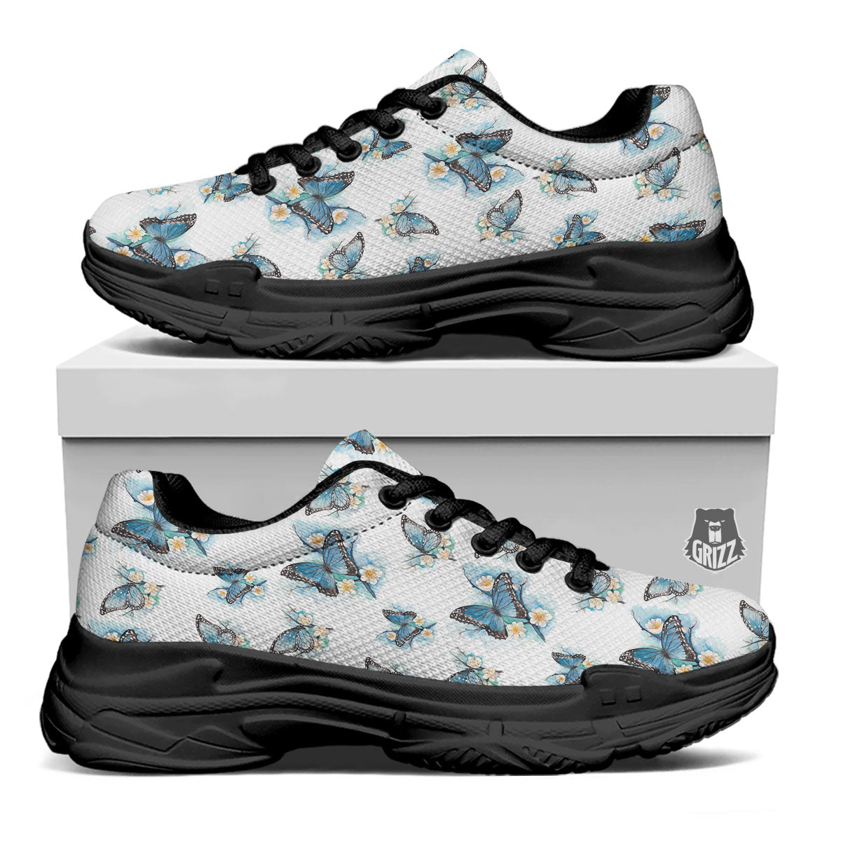 Blue Butterfly Blossom Print Pattern Black Chunky Shoes-grizzshop
