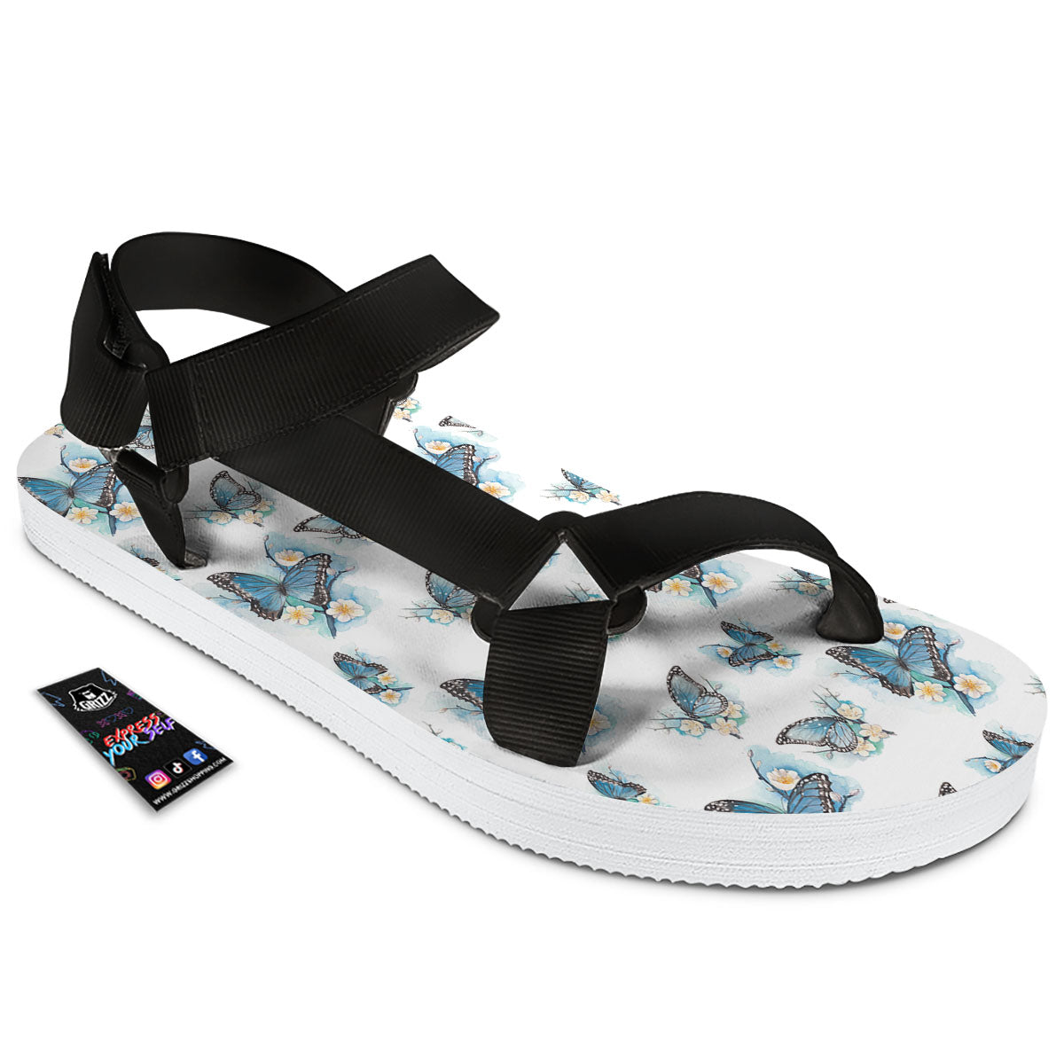 Blue Butterfly Blossom Print Pattern Black Open Toe Sandals-grizzshop