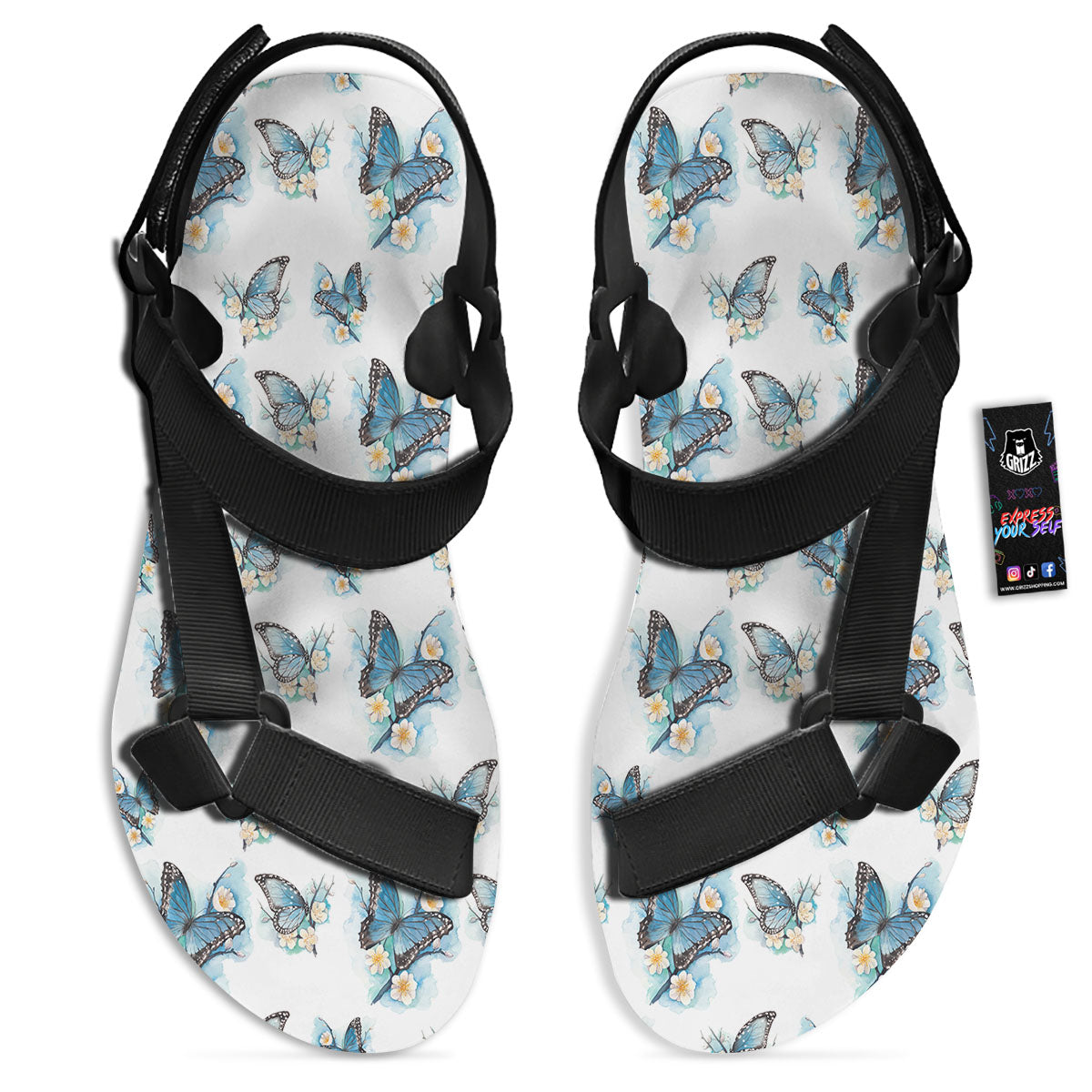 Blue Butterfly Blossom Print Pattern Black Open Toe Sandals-grizzshop