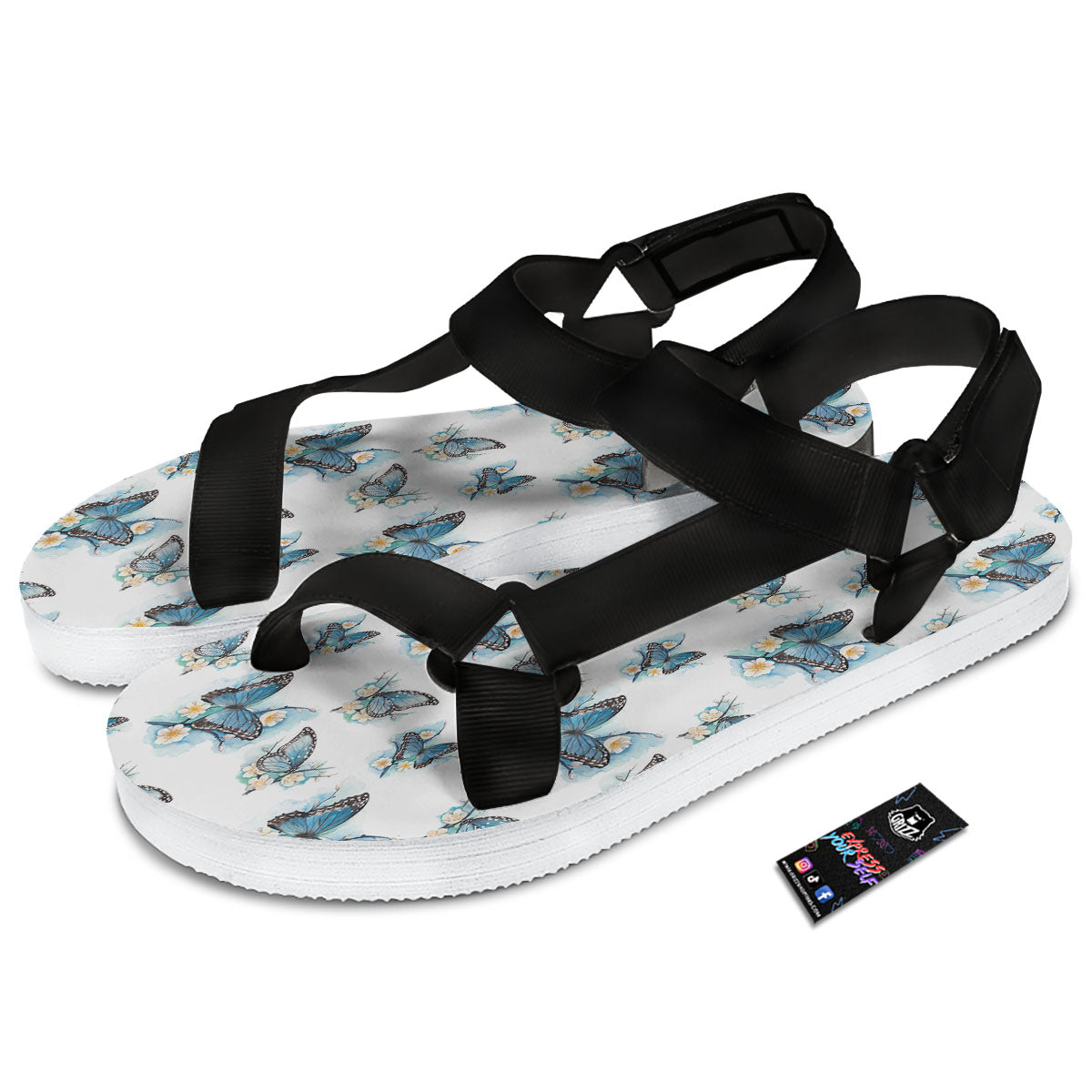 Blue Butterfly Blossom Print Pattern Black Open Toe Sandals-grizzshop