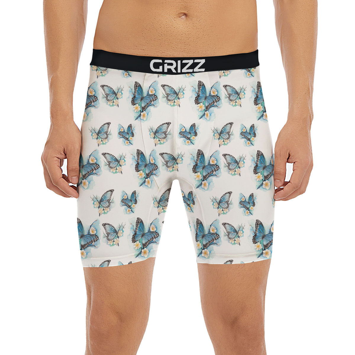 Blue Butterfly Blossom Print Pattern Boxer Briefs-grizzshop