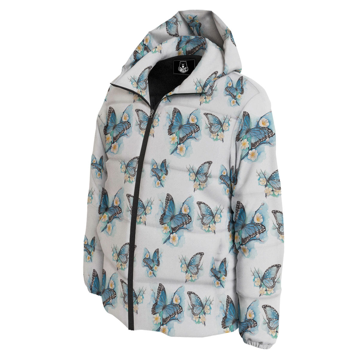 Blue Butterfly Blossom Print Pattern Down Jacket-grizzshop