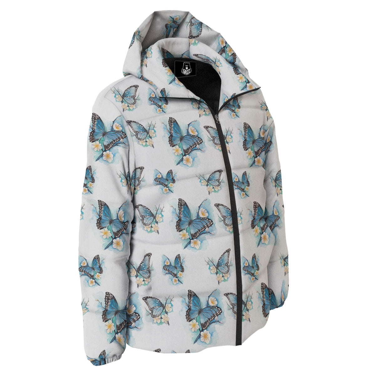 Blue Butterfly Blossom Print Pattern Down Jacket-grizzshop