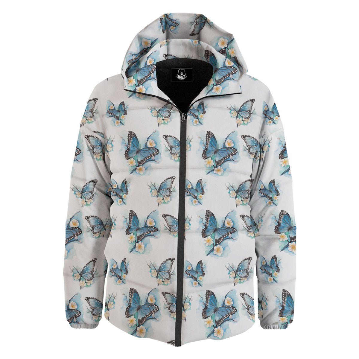 Blue Butterfly Blossom Print Pattern Down Jacket-grizzshop