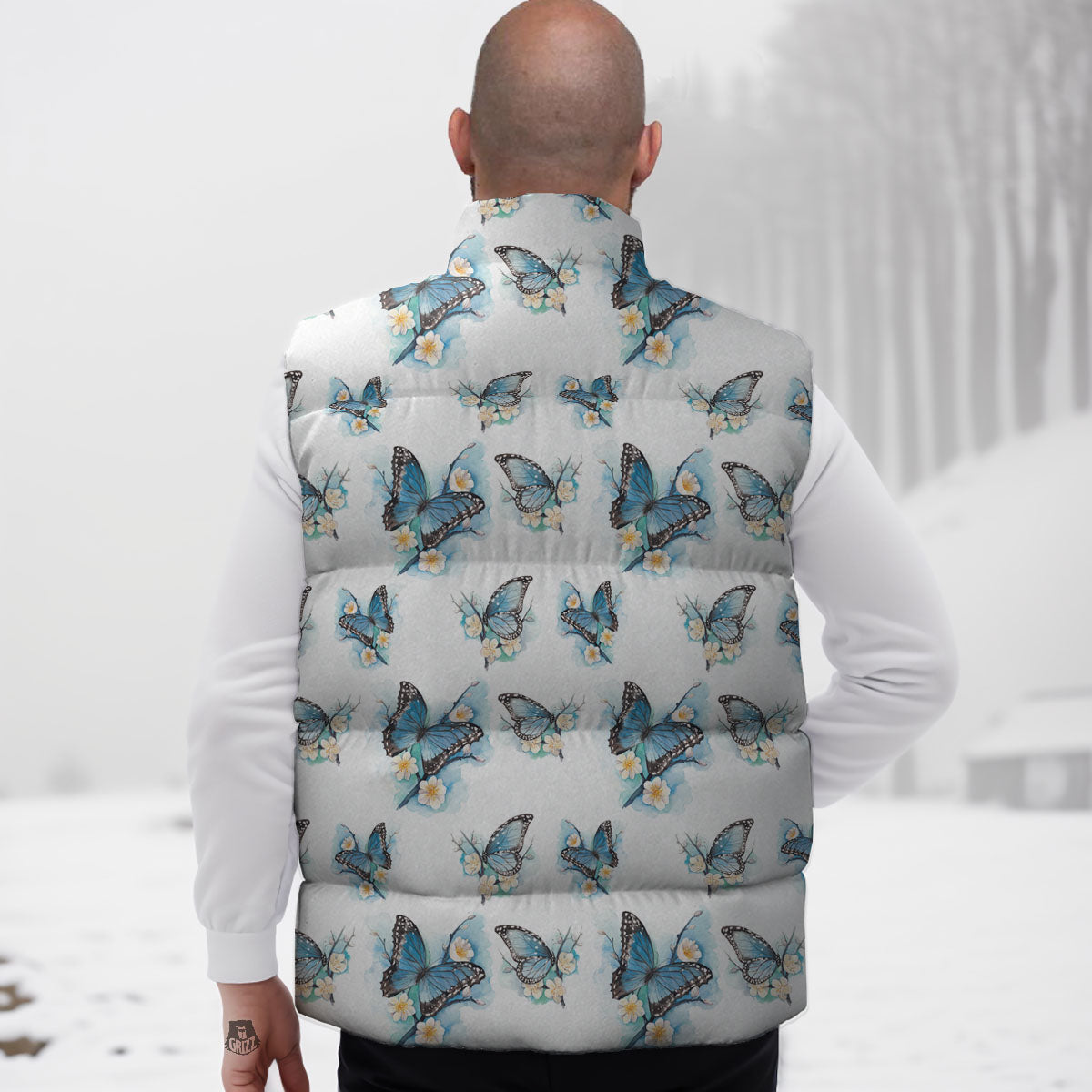 Blue Butterfly Blossom Print Pattern Down Vest