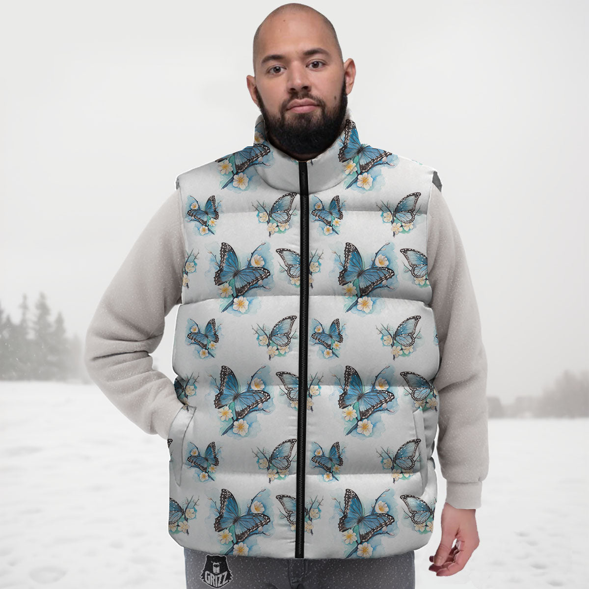 Blue Butterfly Blossom Print Pattern Down Vest