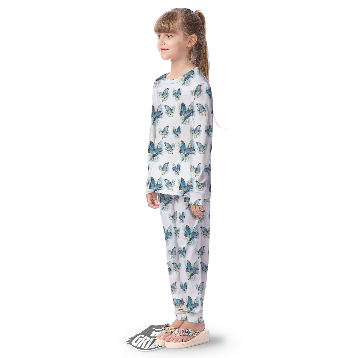 Blue Butterfly Blossom Print Pattern Kid's Pajamas-grizzshop