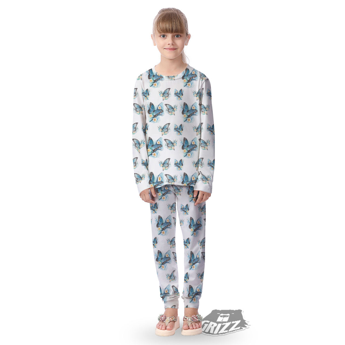 Blue Butterfly Blossom Print Pattern Kid's Pajamas-grizzshop
