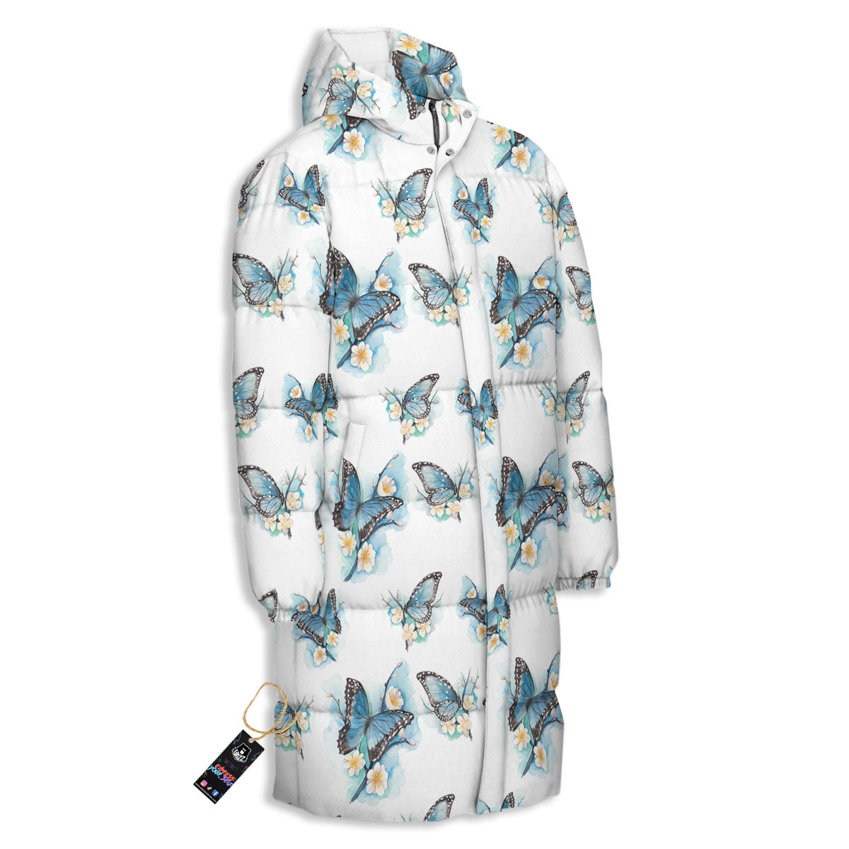 Blue Butterfly Blossom Print Pattern Long Down Jacket-grizzshop