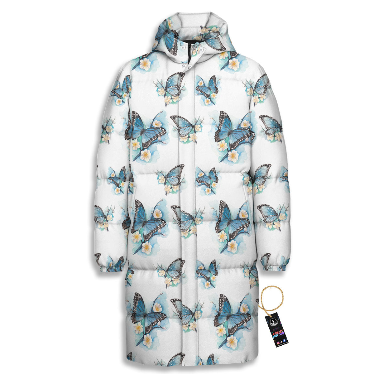 Blue Butterfly Blossom Print Pattern Long Down Jacket-grizzshop