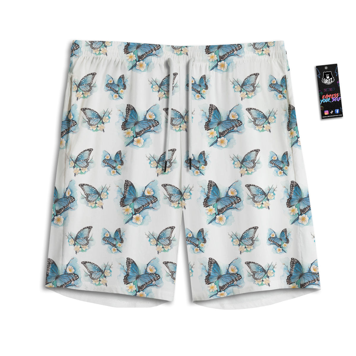 Blue Butterfly Blossom Print Pattern Men's Athletic Shorts