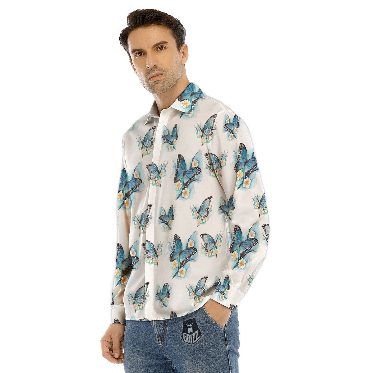 Blue Butterfly Blossom Print Pattern Men's Dress Shirts-grizzshop