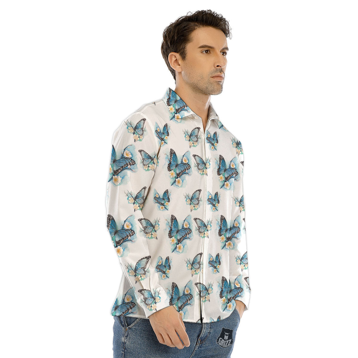 Blue Butterfly Blossom Print Pattern Men's Dress Shirts-grizzshop