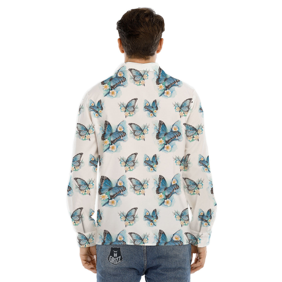 Blue Butterfly Blossom Print Pattern Men's Dress Shirts-grizzshop