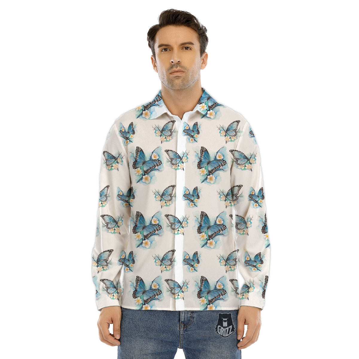 Blue Butterfly Blossom Print Pattern Men's Dress Shirts-grizzshop