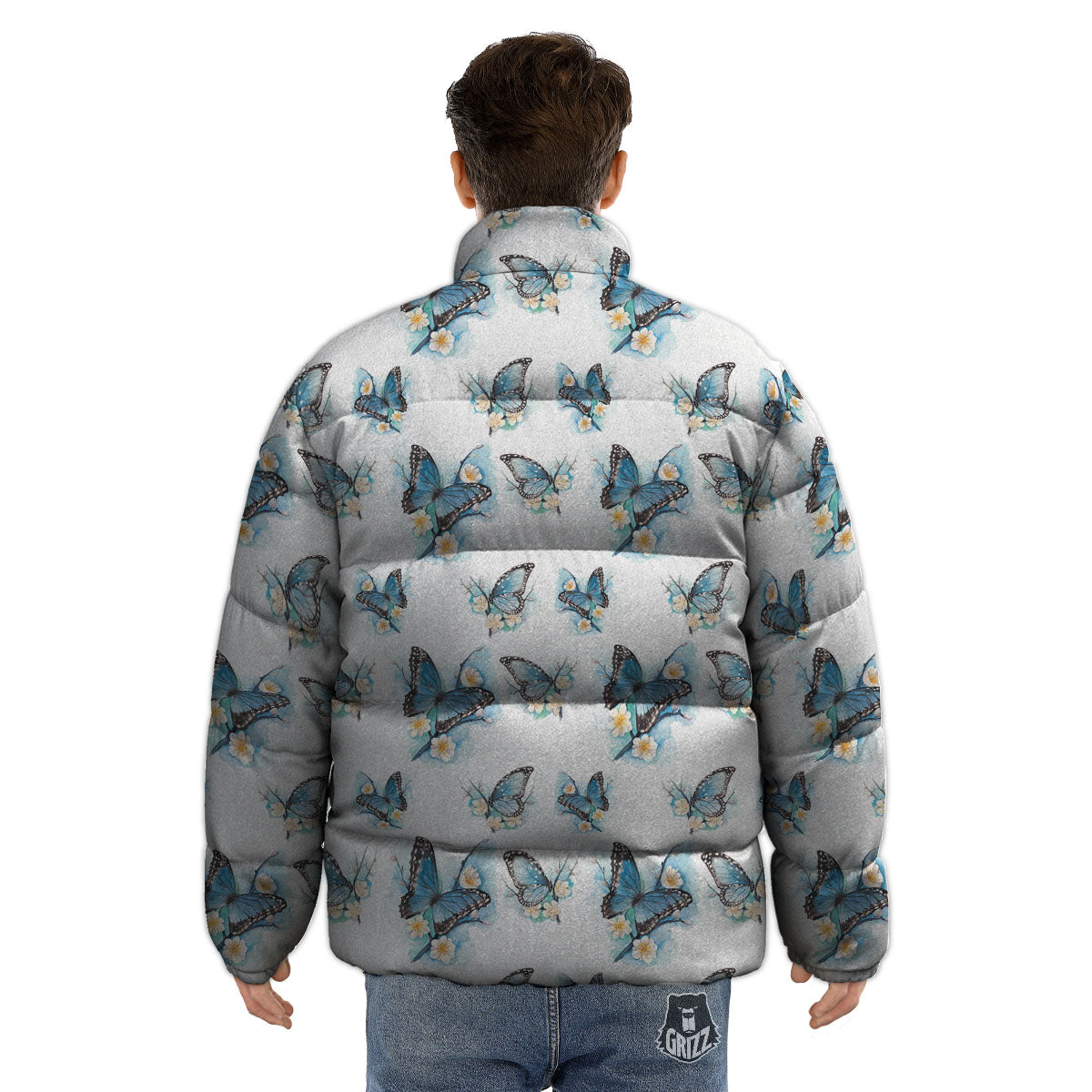 Blue Butterfly Blossom Print Pattern Puffer Jacket-grizzshop