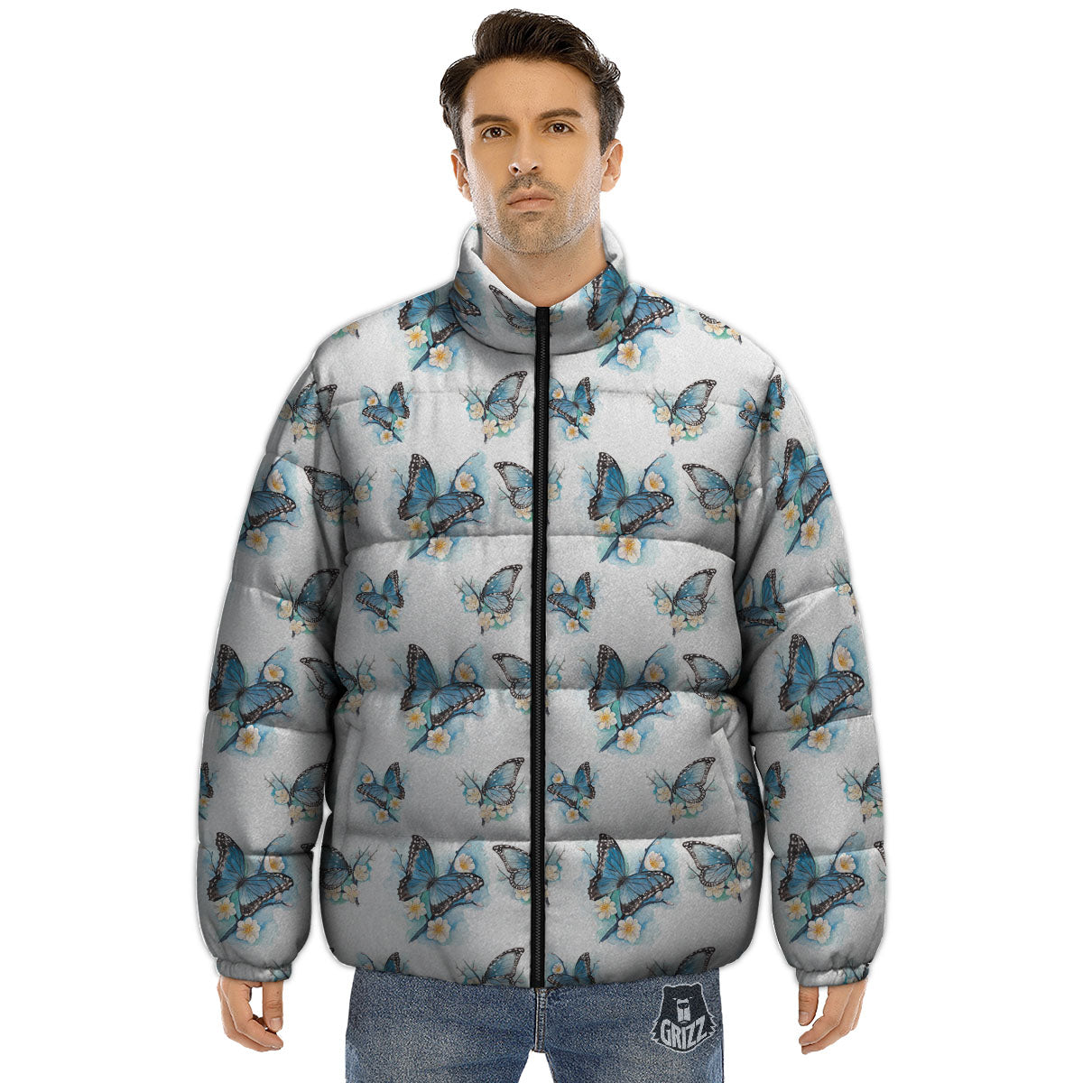 Blue Butterfly Blossom Print Pattern Puffer Jacket-grizzshop