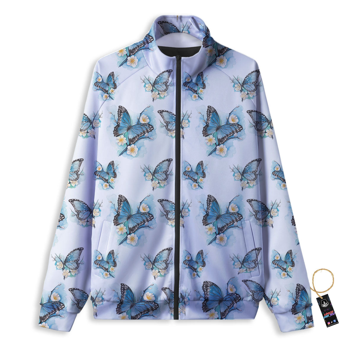 Blue Butterfly Blossom Print Pattern Track Jacket-grizzshop