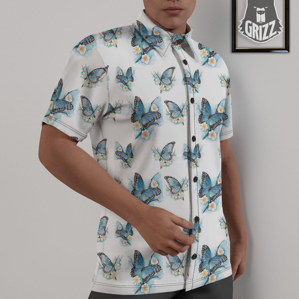 Blue Butterfly Blossom Print Pattern Untucked Shirts-grizzshop
