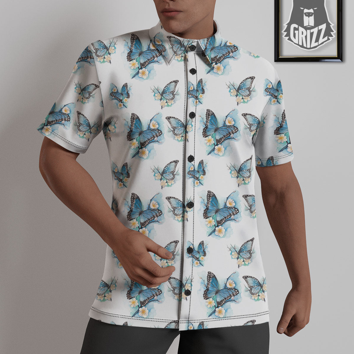 Blue Butterfly Blossom Print Pattern Untucked Shirts-grizzshop