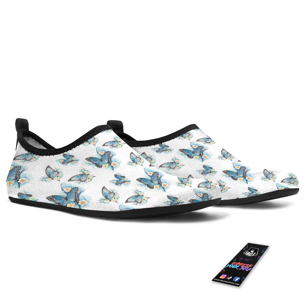 Blue Butterfly Blossom Print Pattern Water Shoes-grizzshop
