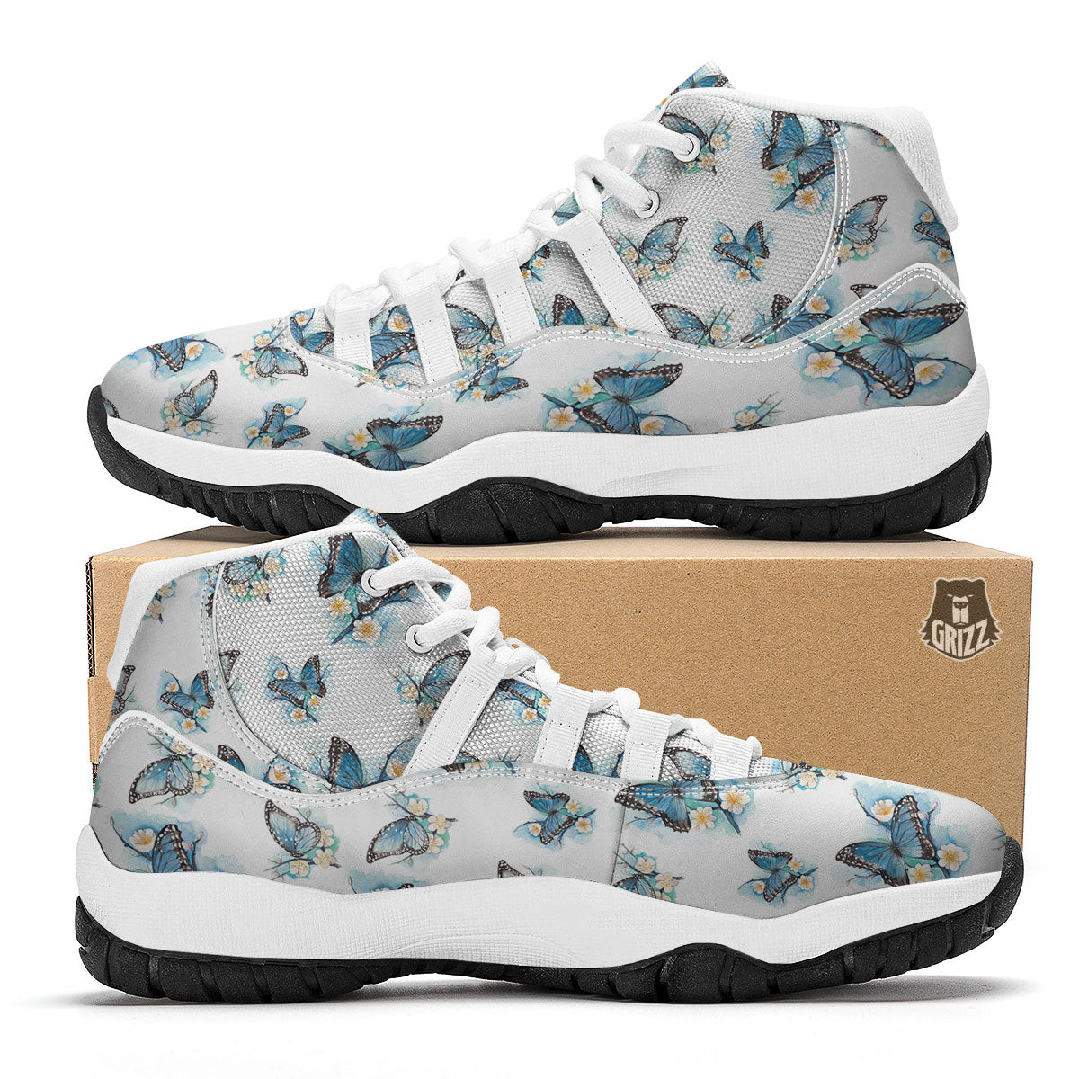 Blue Butterfly Blossom Print Pattern White Bball Shoes-grizzshop