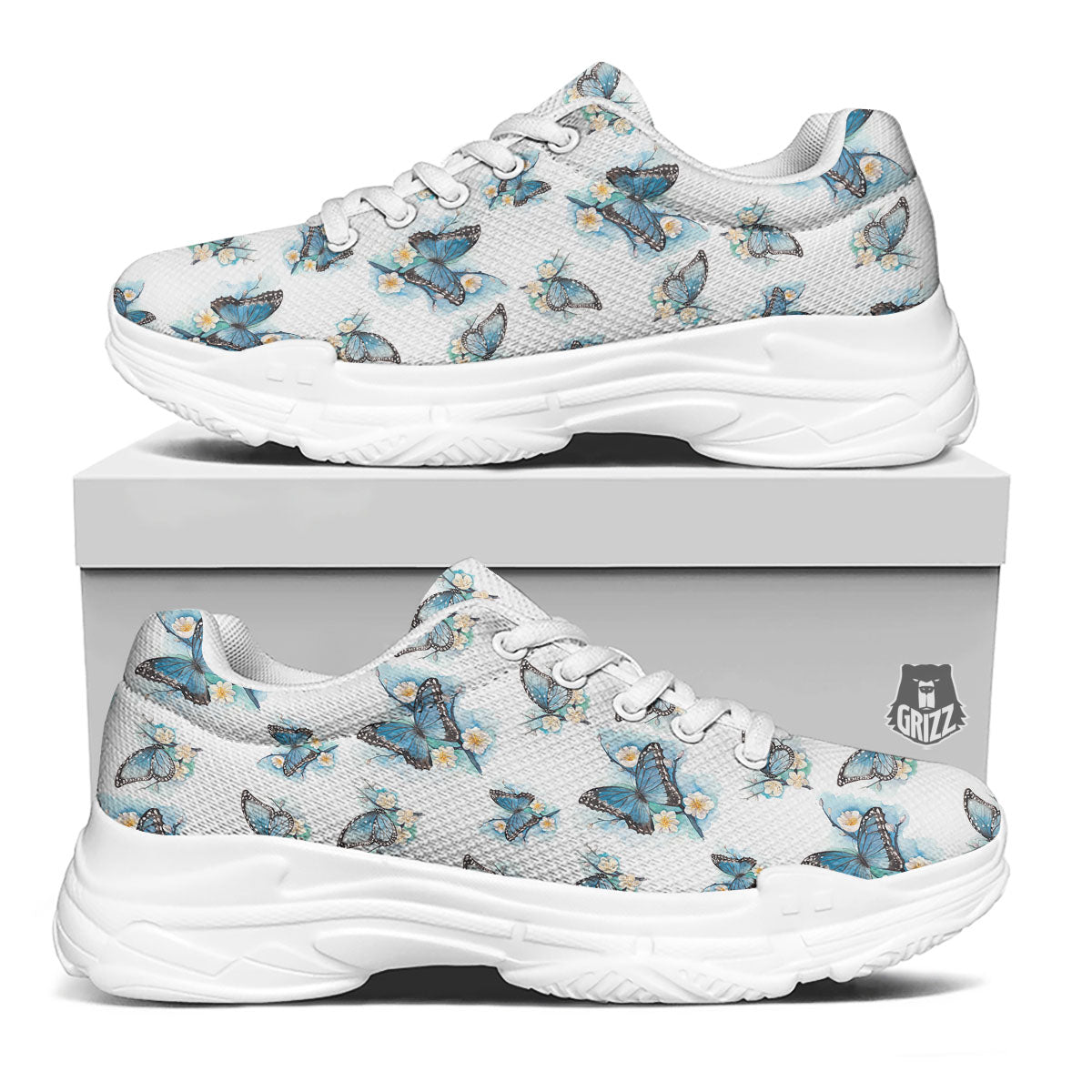 Blue Butterfly Blossom Print Pattern White Chunky Shoes-grizzshop