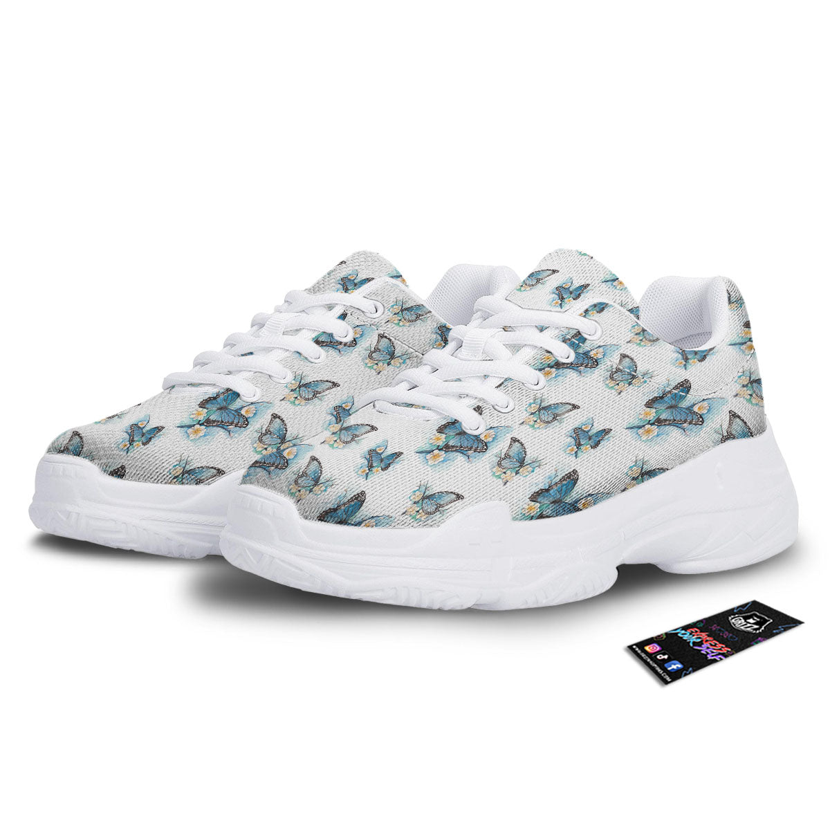 Blue Butterfly Blossom Print Pattern White Chunky Shoes-grizzshop