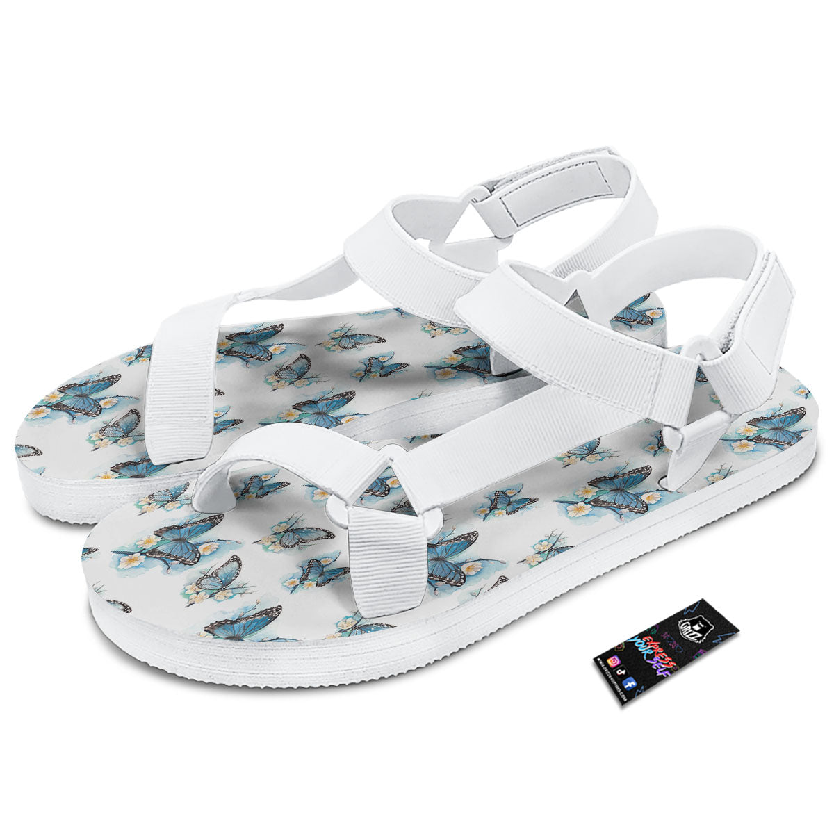 Blue Butterfly Blossom Print Pattern White Open Toe Sandals-grizzshop