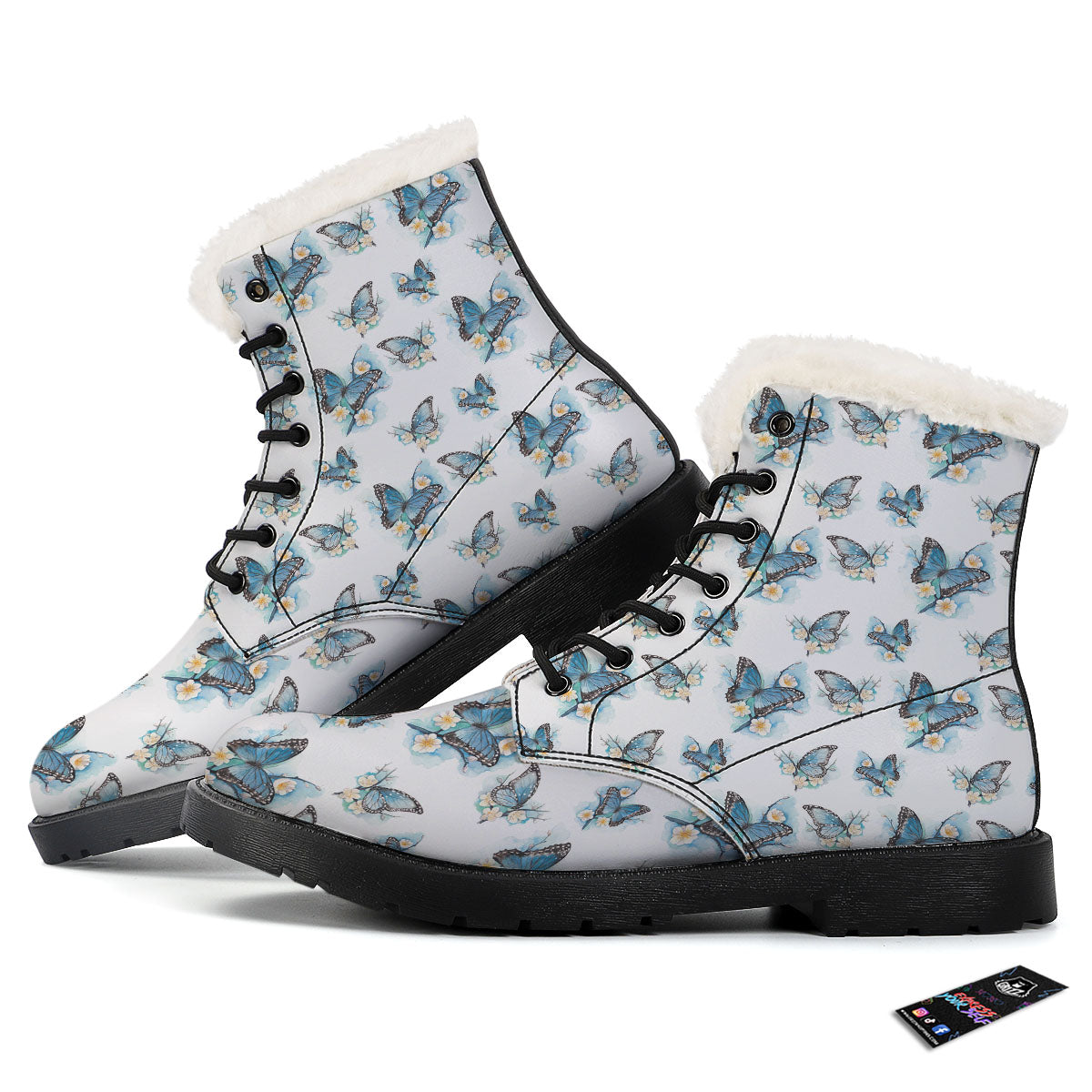 Blue Butterfly Blossom Print Pattern Winter Boots-grizzshop