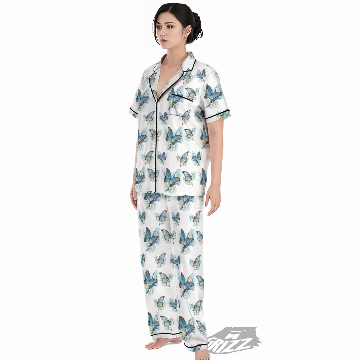 Blue Butterfly Blossom Print Pattern Women's Pajamas Set-grizzshop