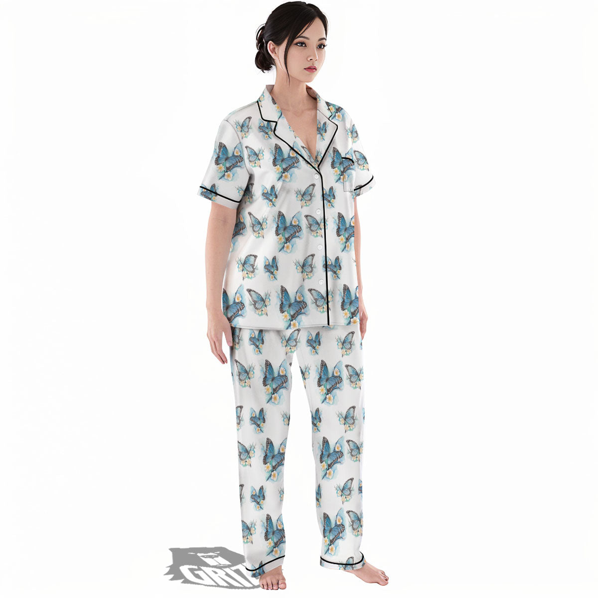 Blue Butterfly Blossom Print Pattern Women's Pajamas Set-grizzshop