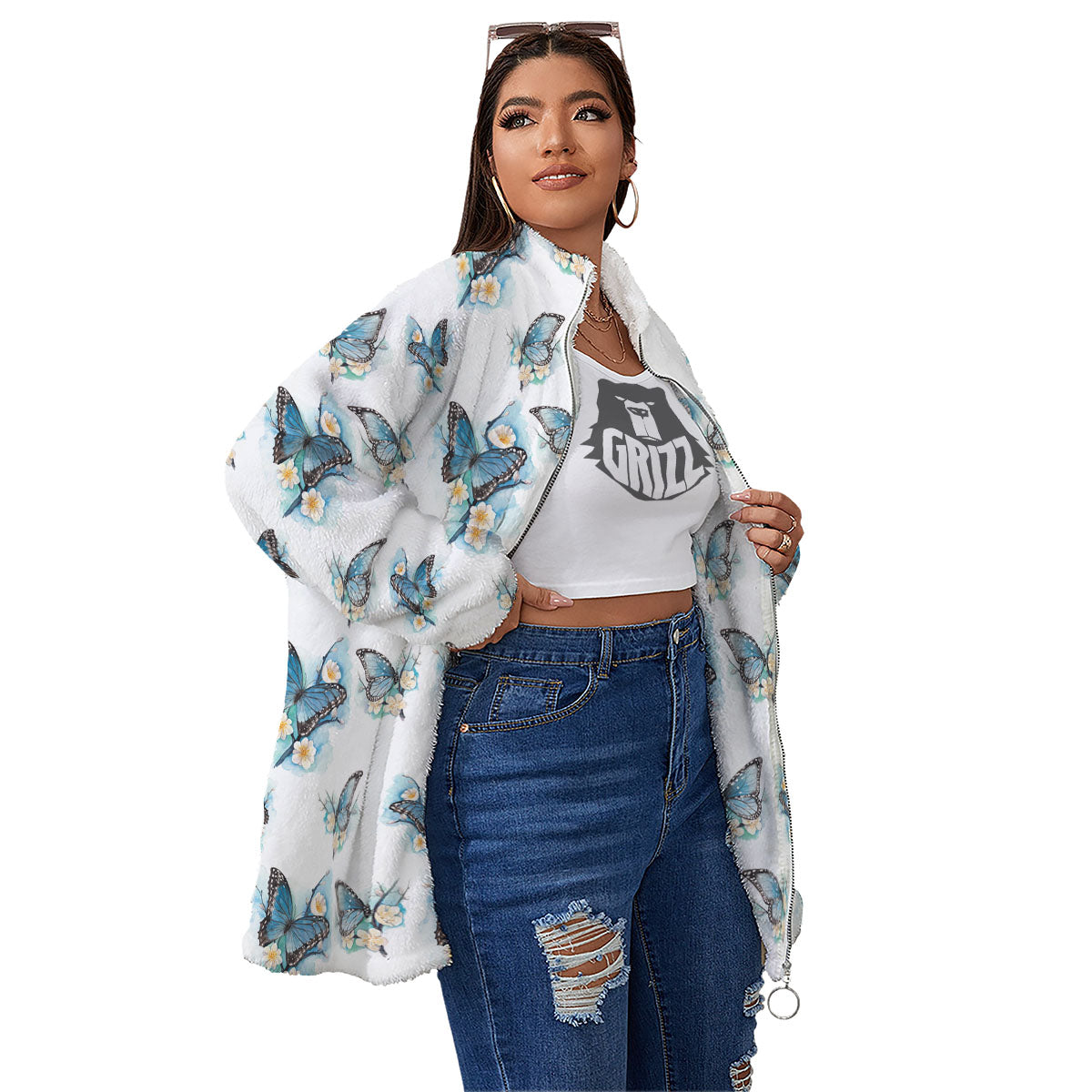 Blue Butterfly Blossom Print Pattern Women's Sherpa Jacket-grizzshop
