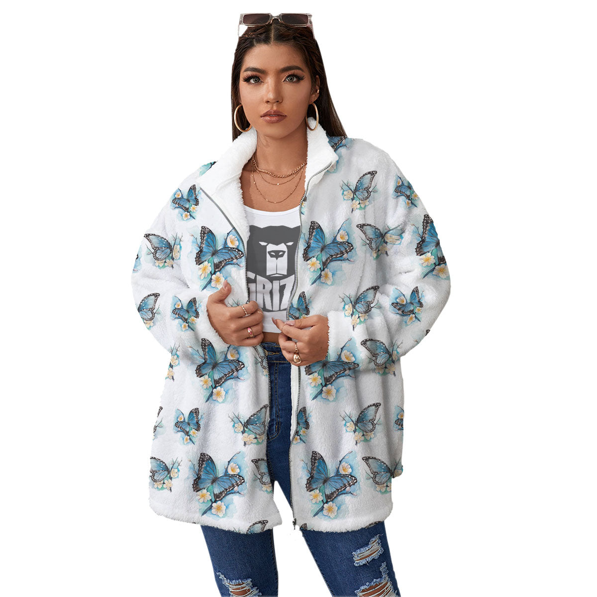 Blue Butterfly Blossom Print Pattern Women's Sherpa Jacket-grizzshop