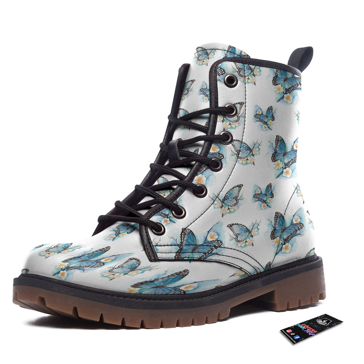 Blue Butterfly Blossom Print Pattern Work Boots-grizzshop