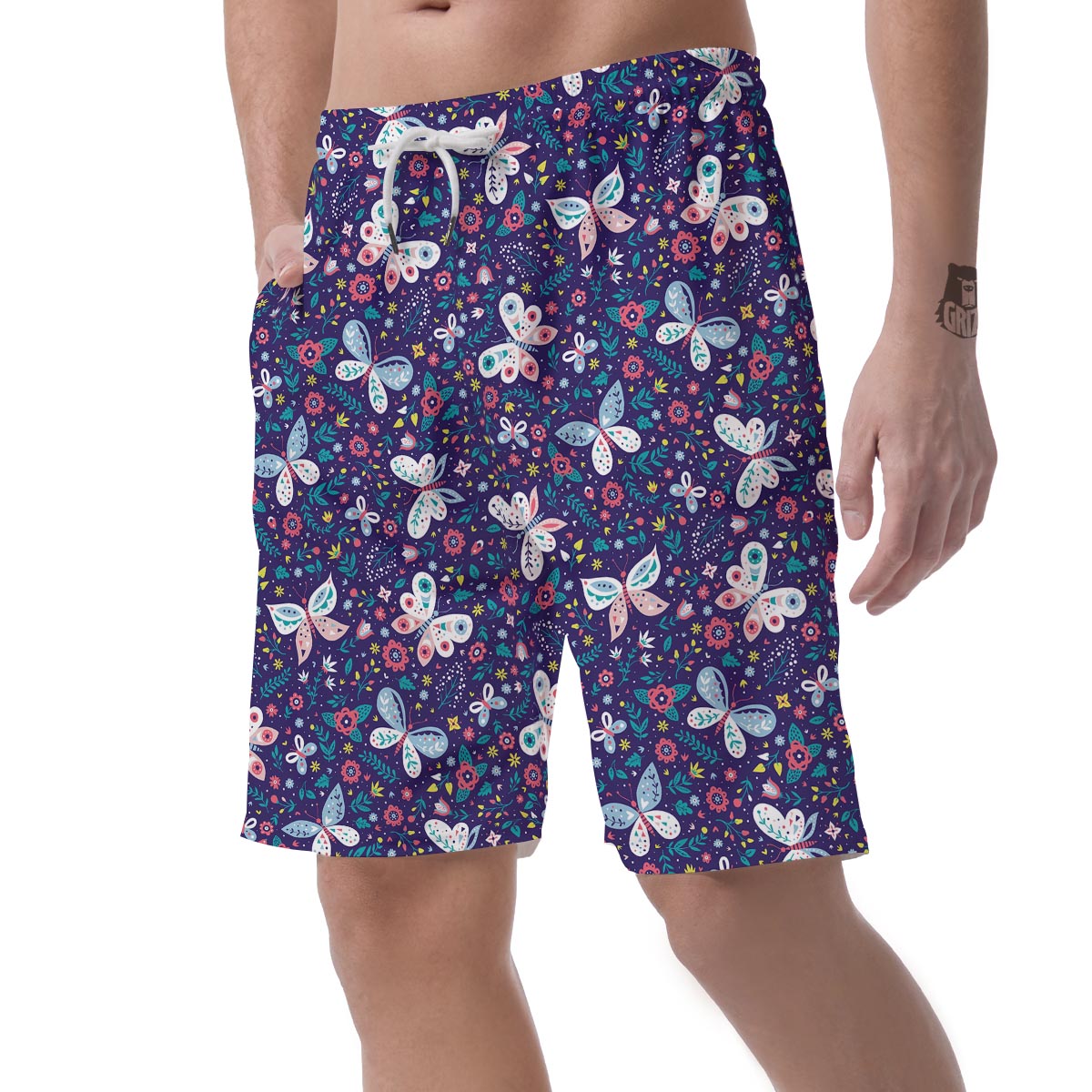 Blue Butterfly Floral Print Men's Shorts-grizzshop