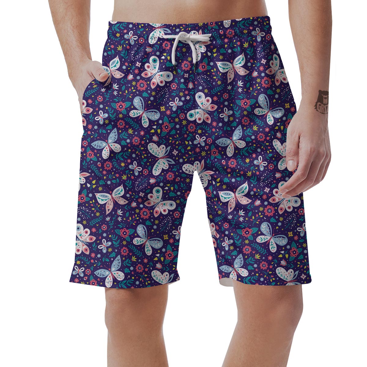 Blue Butterfly Floral Print Men's Shorts-grizzshop