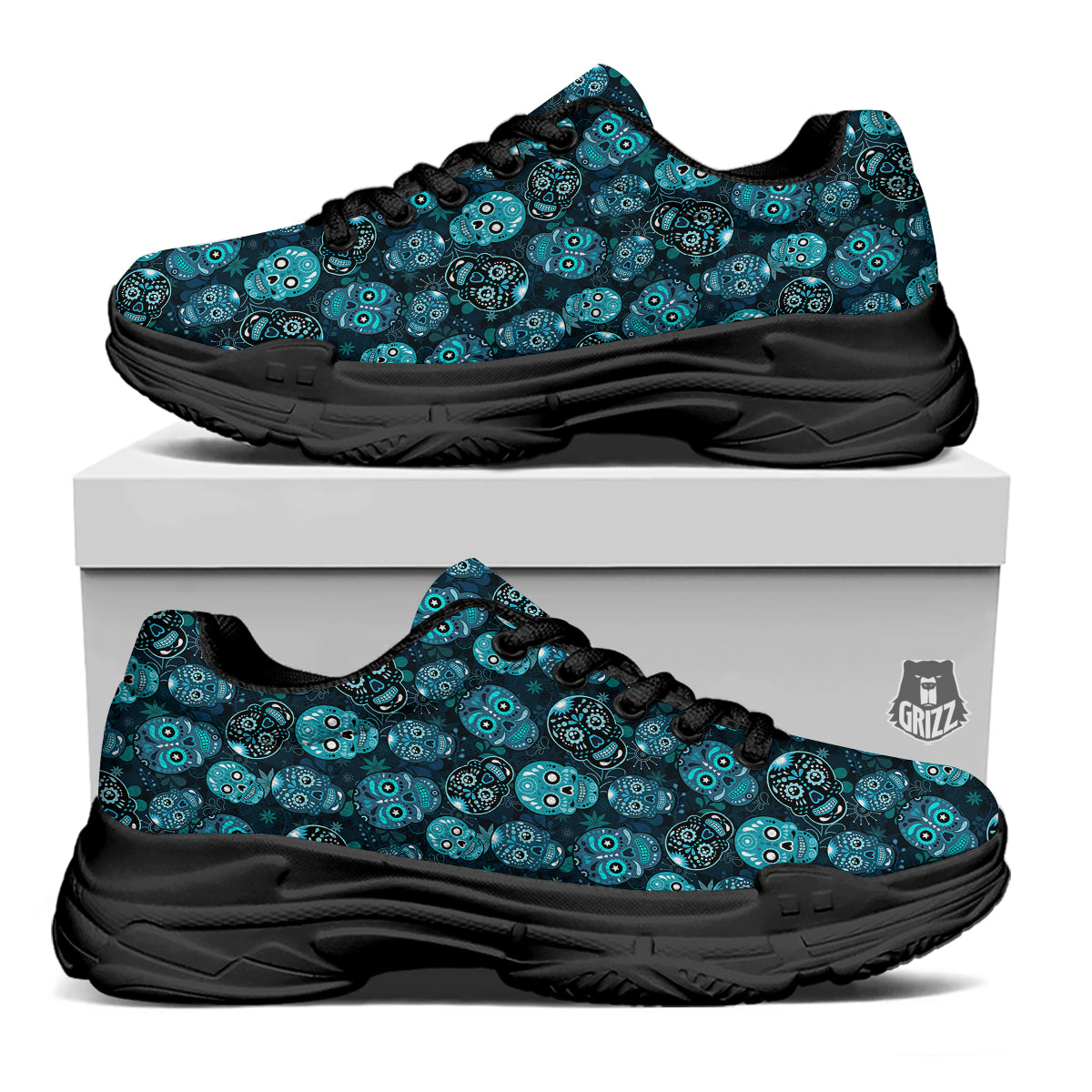 Blue Calavera Skull Print Pattern Black Chunky Shoes-grizzshop