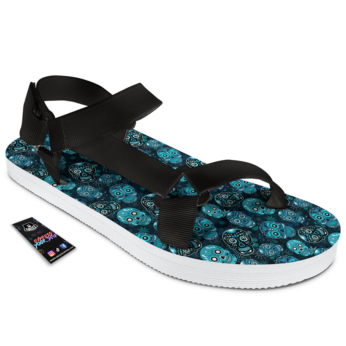 Blue Calavera Skull Print Pattern Black Open Toe Sandals-grizzshop
