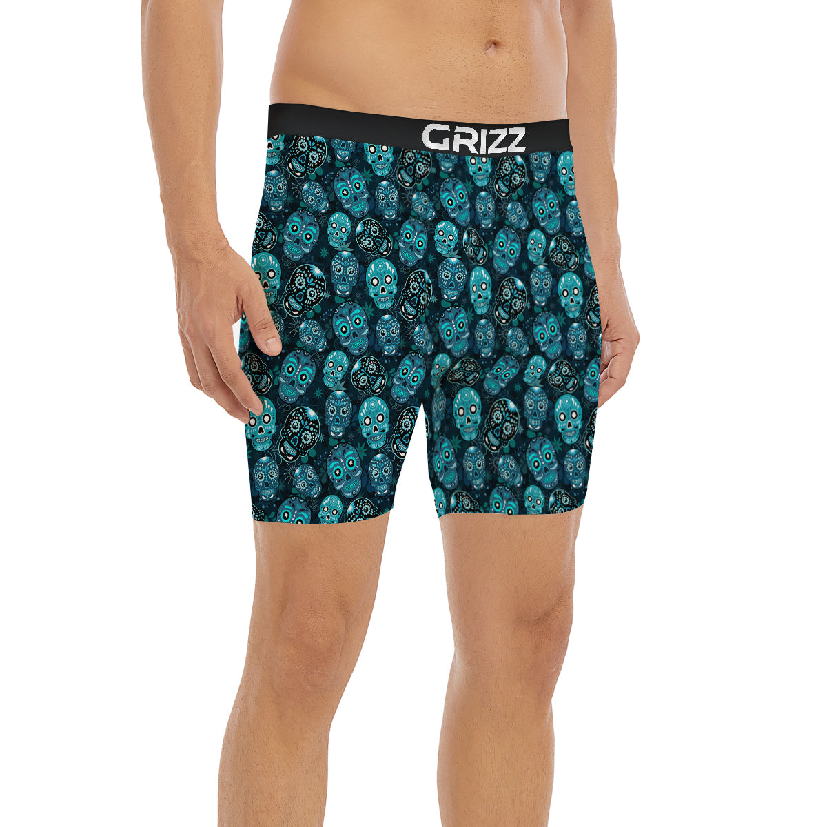 Blue Calavera Skull Print Pattern Boxer Briefs-grizzshop