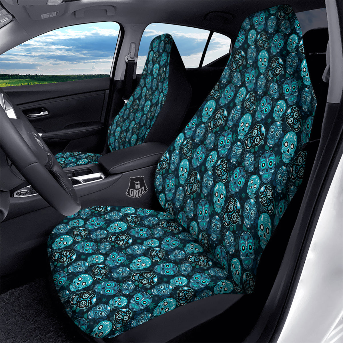 Blue Calavera Skull Print Pattern Car Seat Covers-grizzshop