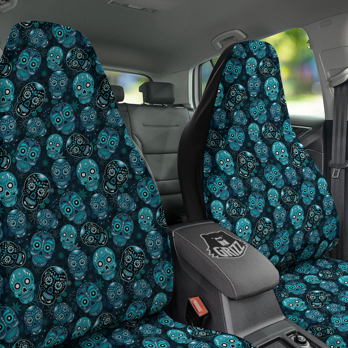 Blue Calavera Skull Print Pattern Car Seat Covers-grizzshop